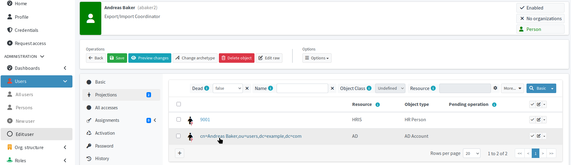 The new user Andreas Baker has both the HRIS and AD projections