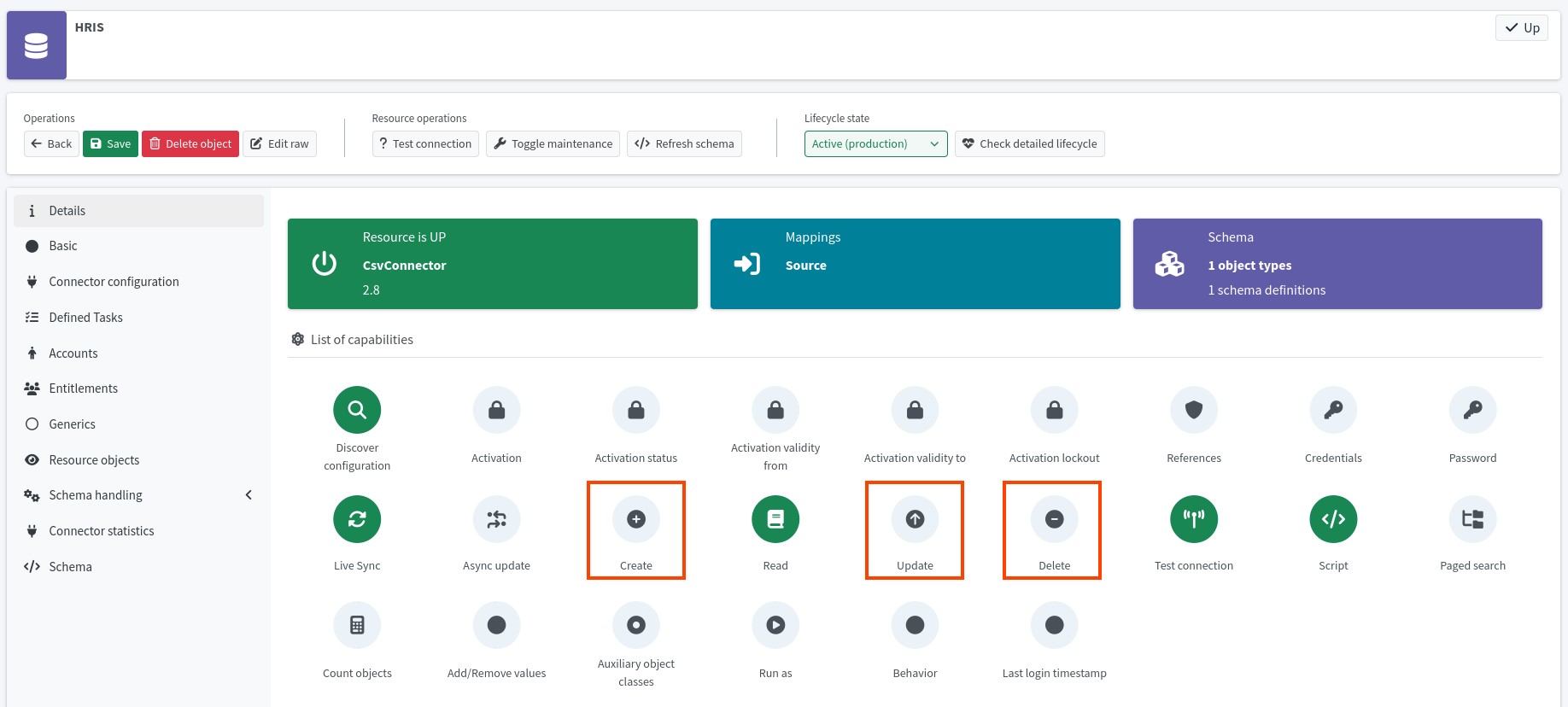 Resource capabilities screen with the Create, Update, and Delete capabilities highlighted and disabled as per the instructions above