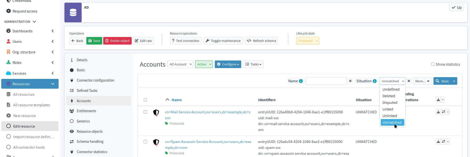 Account list showing unmatched accounts with marks