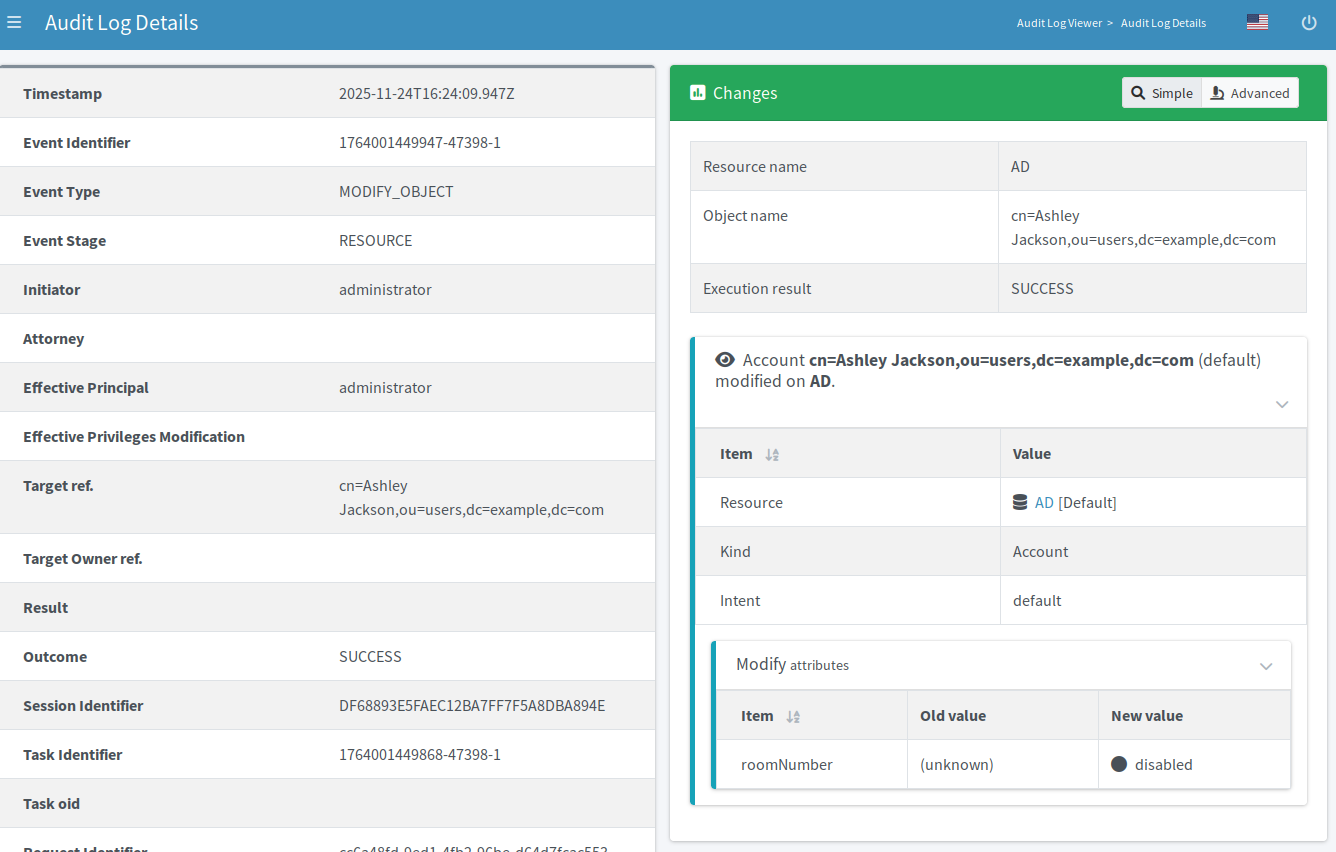 Audit log screen showing the effects of the administrative status change - the mapping rules in effect translate effective status Disabled to the roomNumber resource attribute Disabled