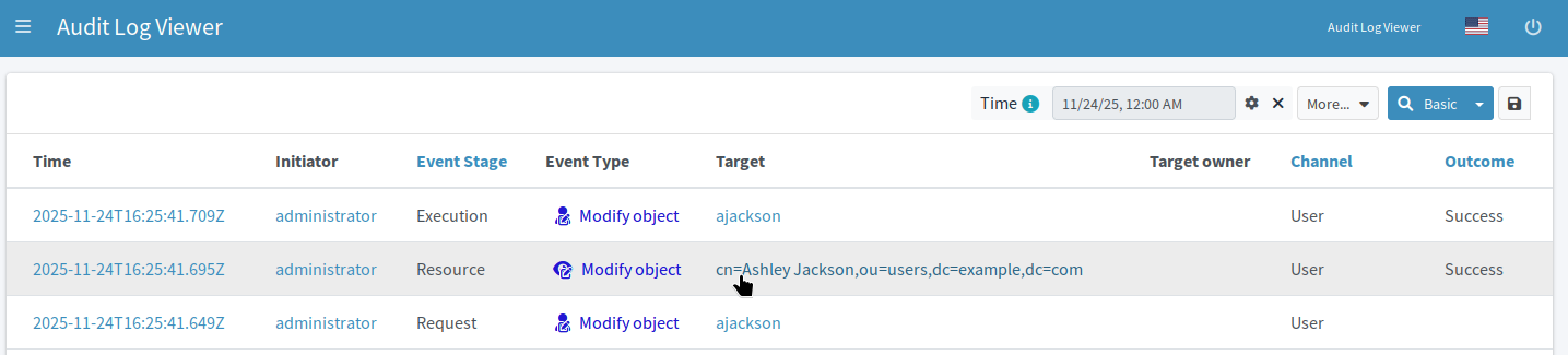 Audit log screen with events showing the effects of changing the administrative status to Disabled which triggers disabling the user in the target AD application