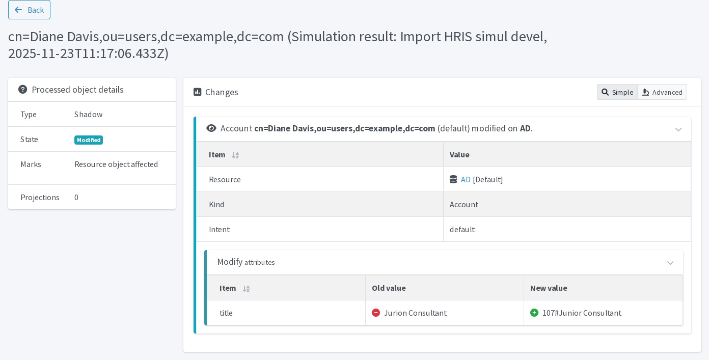 HRIS import simulation result for Diane Davis showing the job title would be provisioned to and corrected in Active Directory