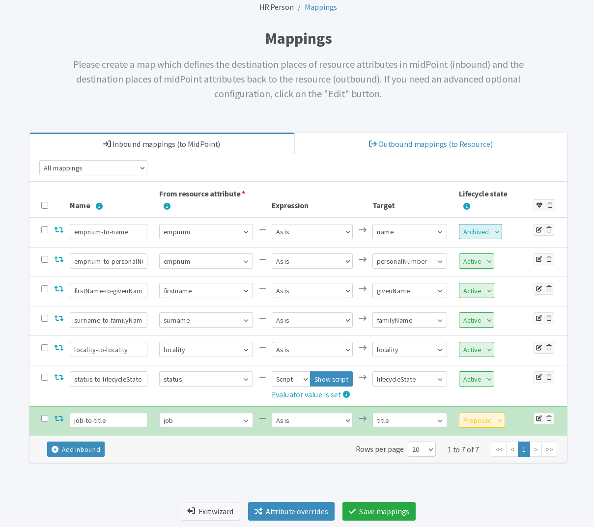 Inbound mapping to insert the job attribute value from the HRIS resource into the title attribute in midPoint