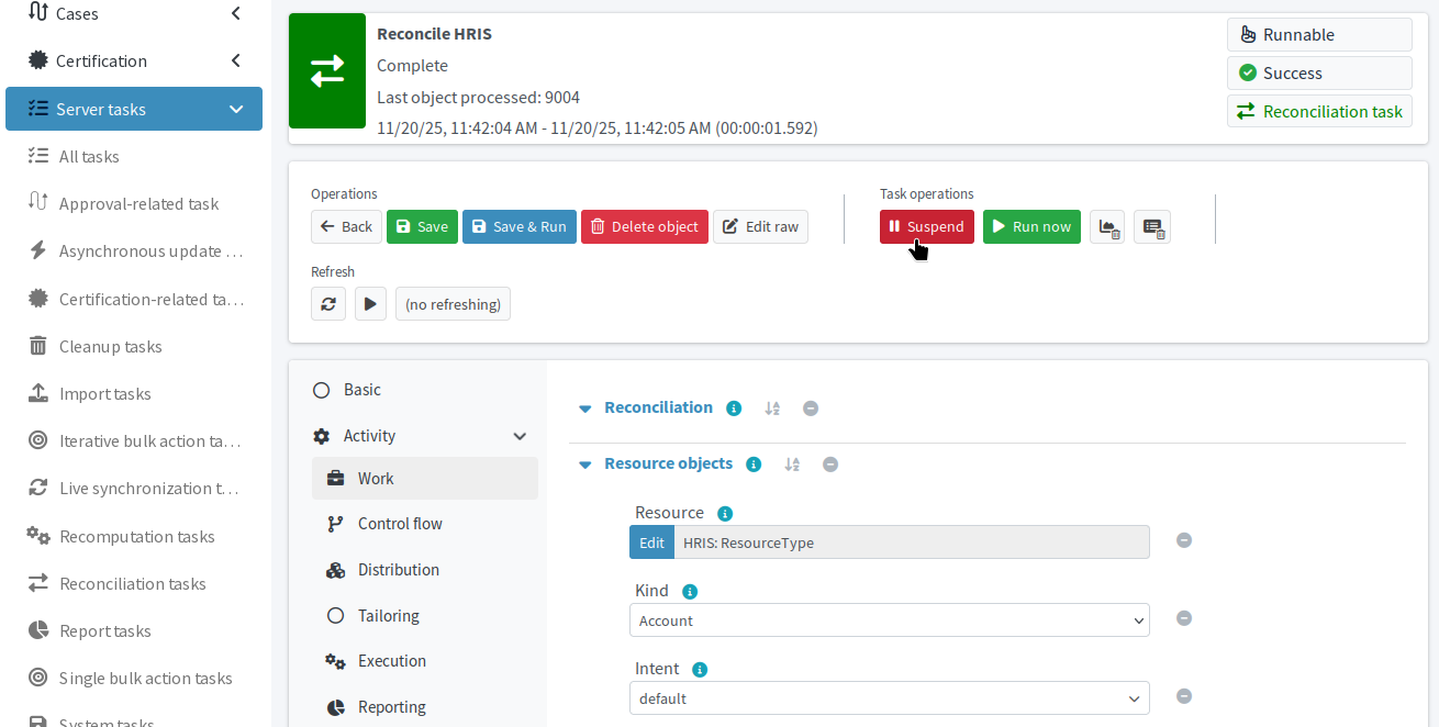 HRIS reconciliation task with the mouse pointer on the Suspend button