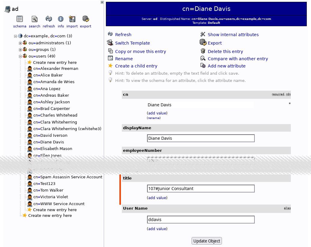 A user profile screen in LDAP showing user attributes, including the corrected value of the job title attribute