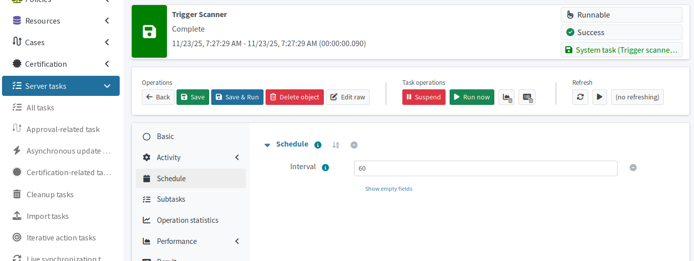 Trigger scanner schedule configuration screen