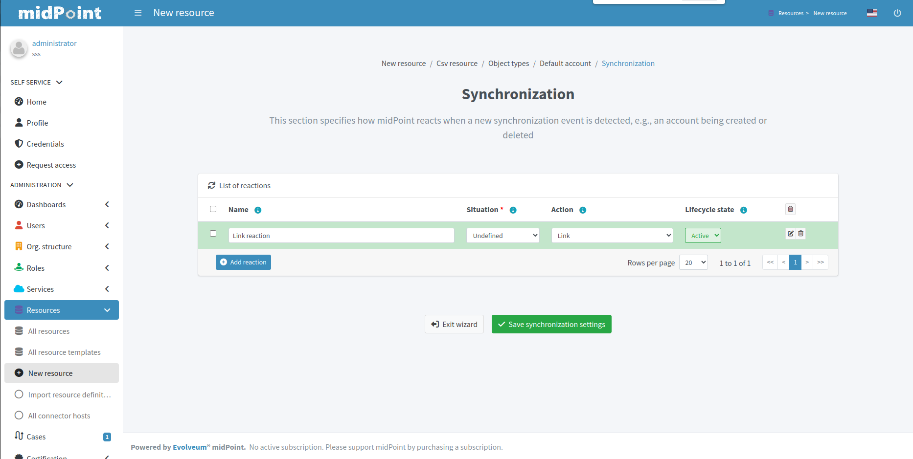 Table of synchronization actions