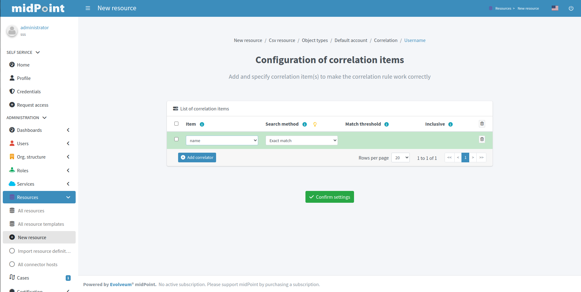 Table of correlation items for one correlation rule