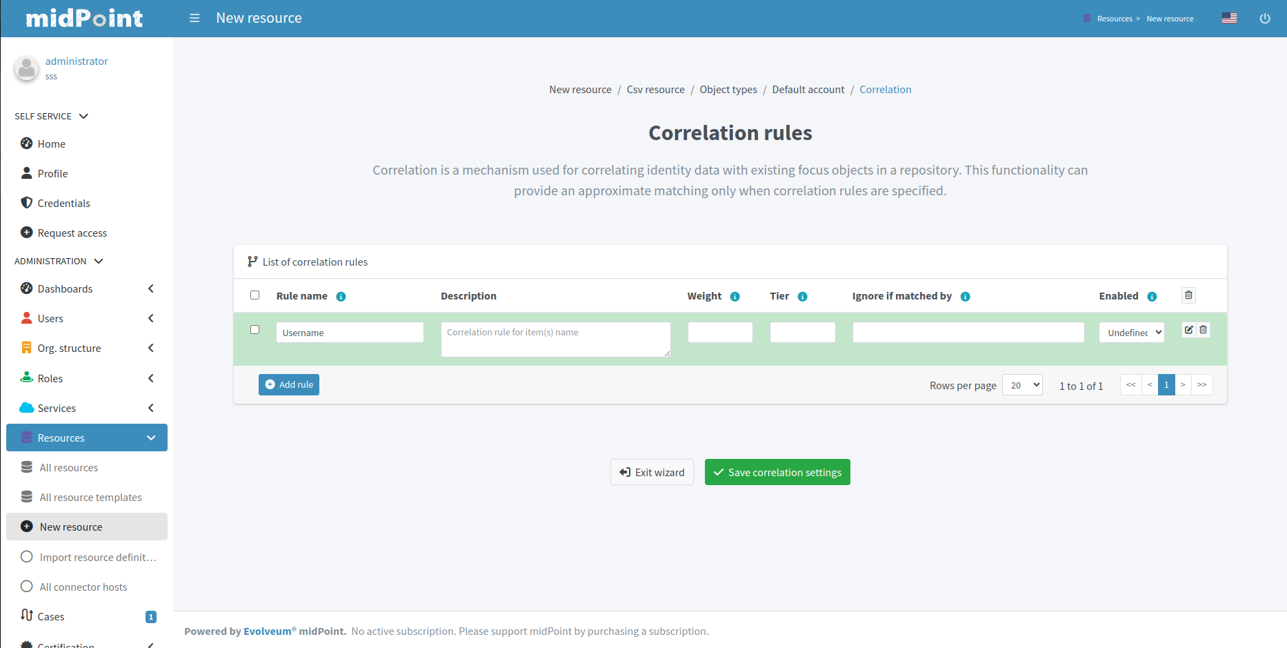 Table of correlation rules