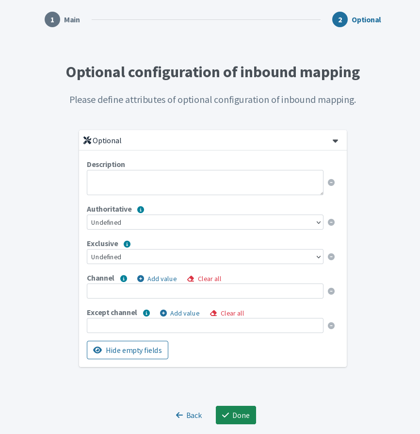 Advanced mapping options wizard screen with the optional settings