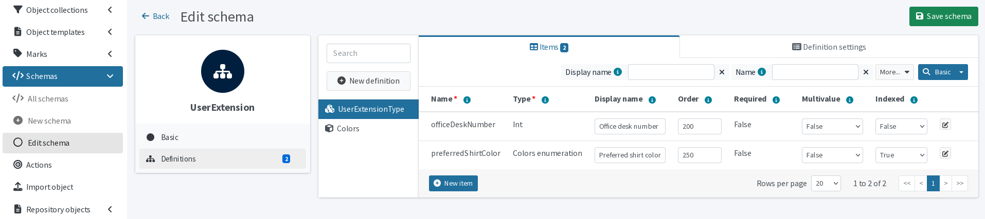 Schema extension definitions view
