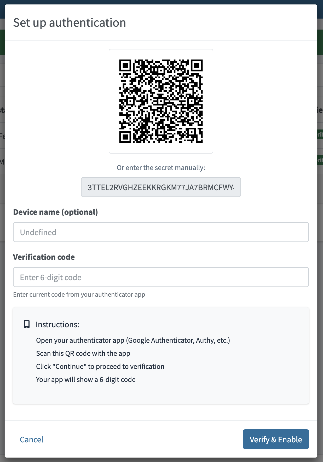 Dialog for creating new TOTP credential