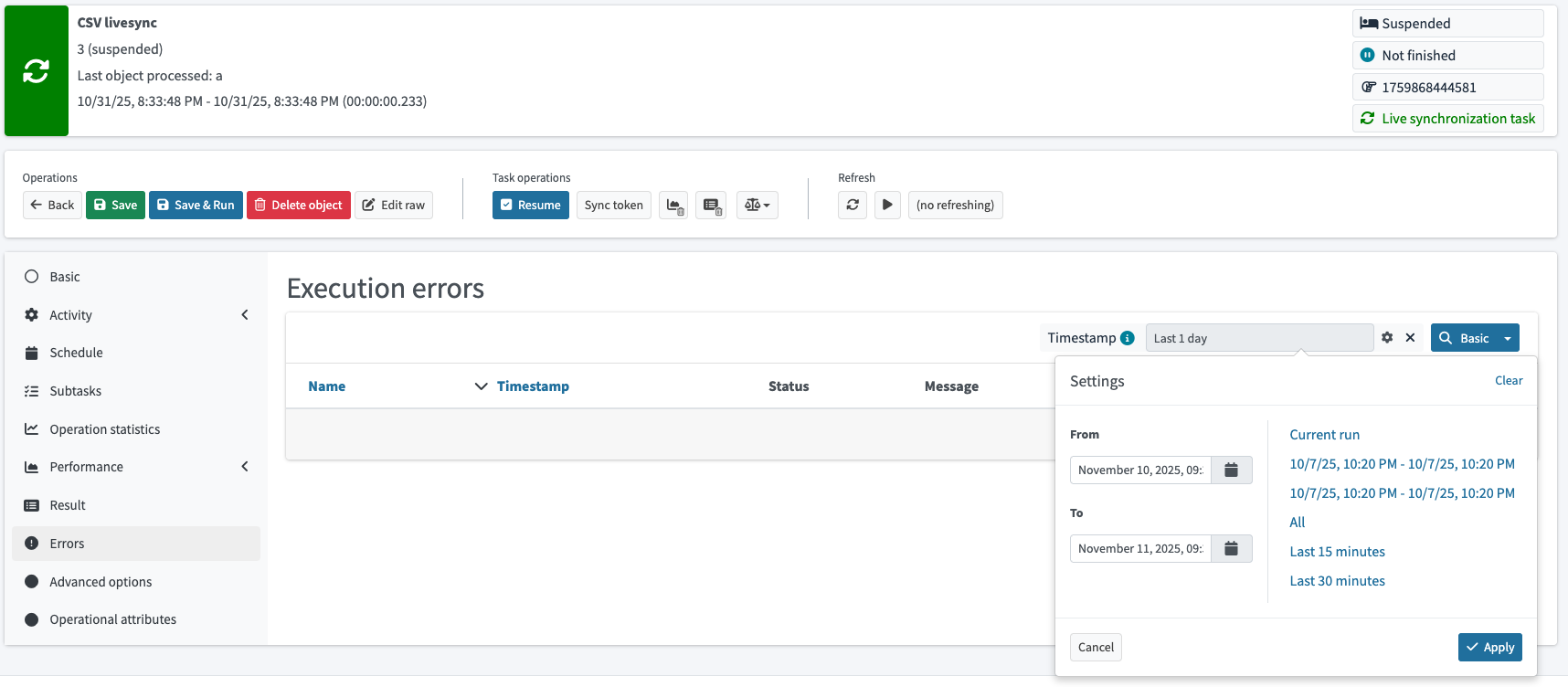 Task run errors in task details UI