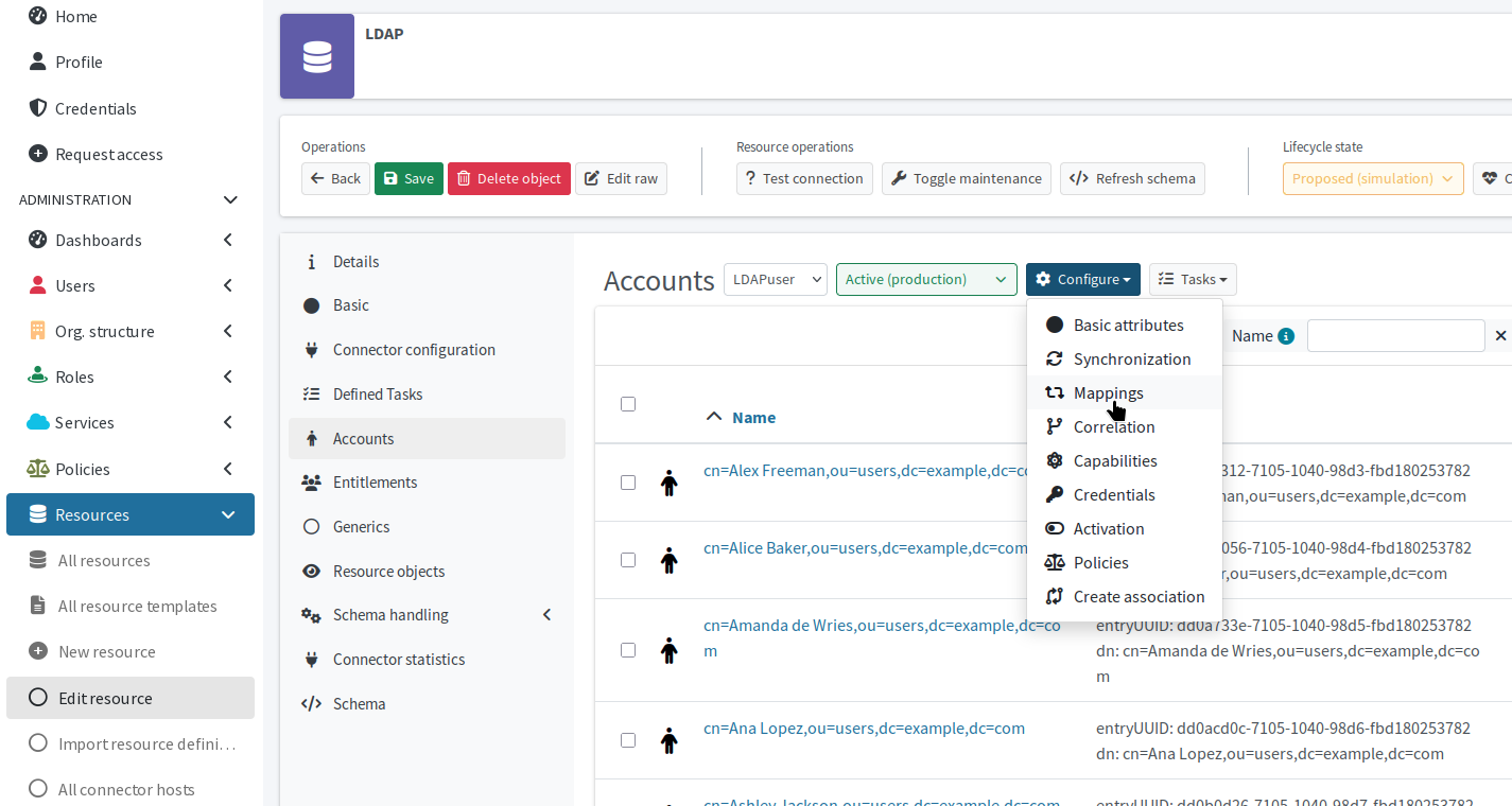 Configuration menu in the resource account list as an entry point to the mapping rules wizard