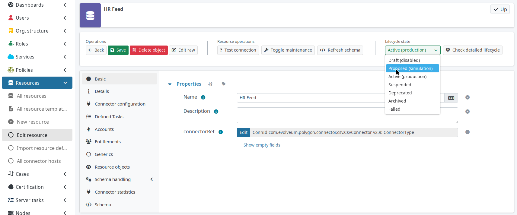 Switching a resource between production and proposed configurations