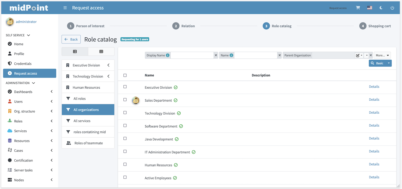 Role catalog in table