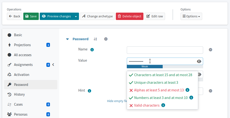 Password policy constraints info box