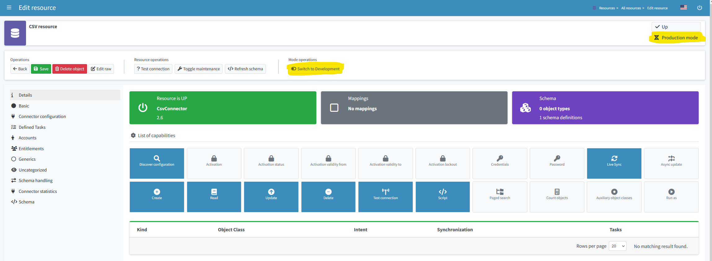 Switching between production and development mode for a resource