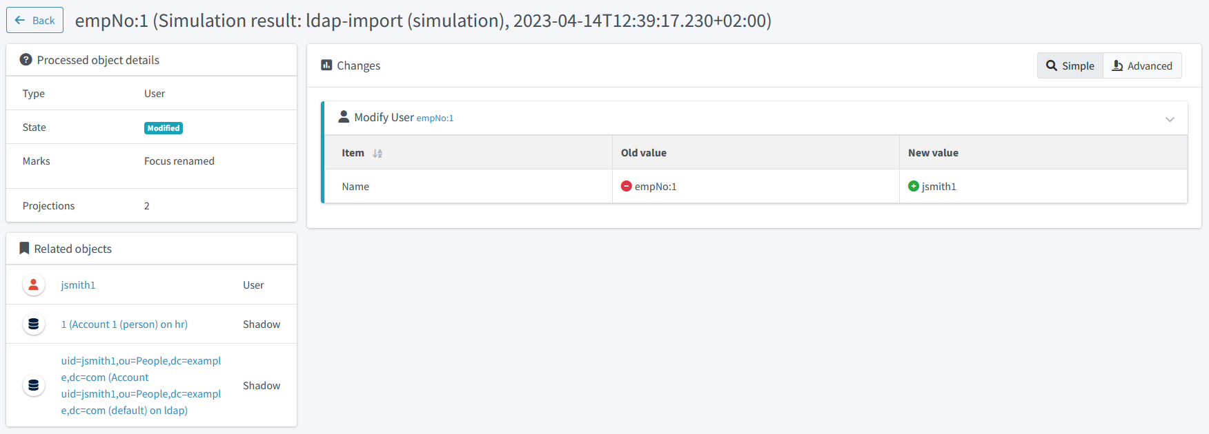 Simulation result object details