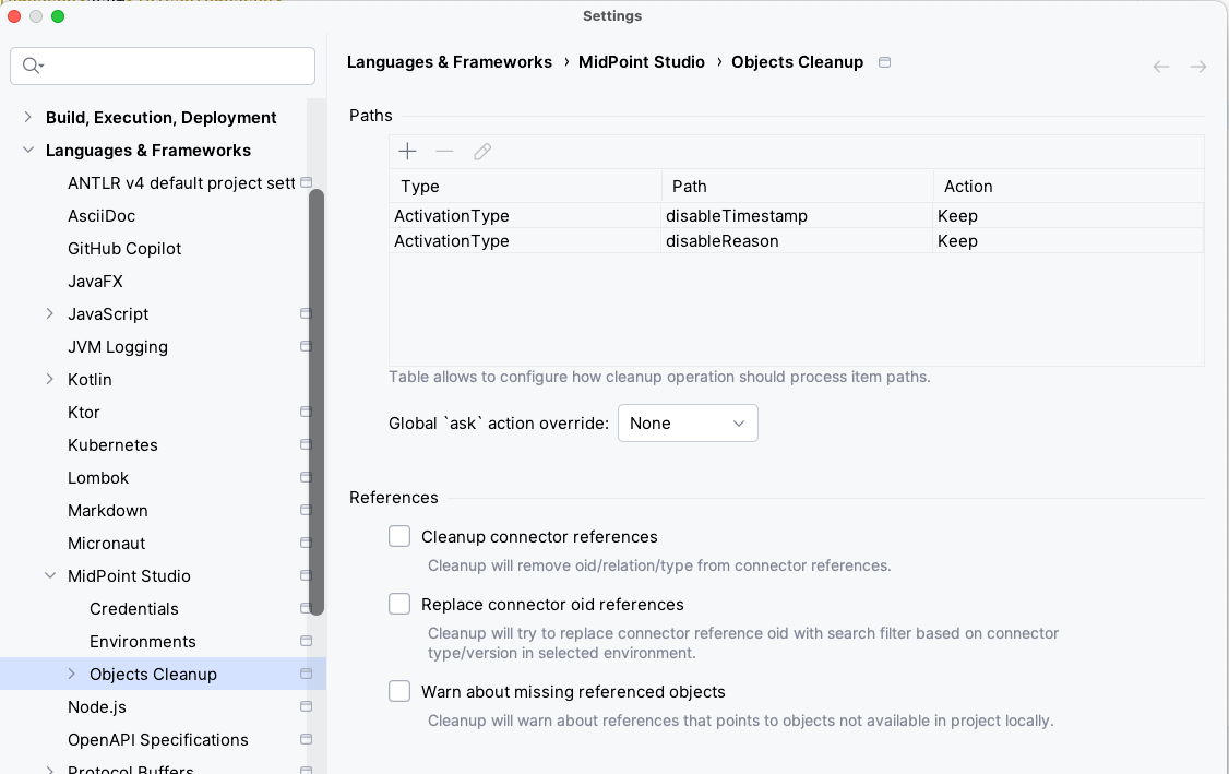 Screenshot of cleanup paths configuration