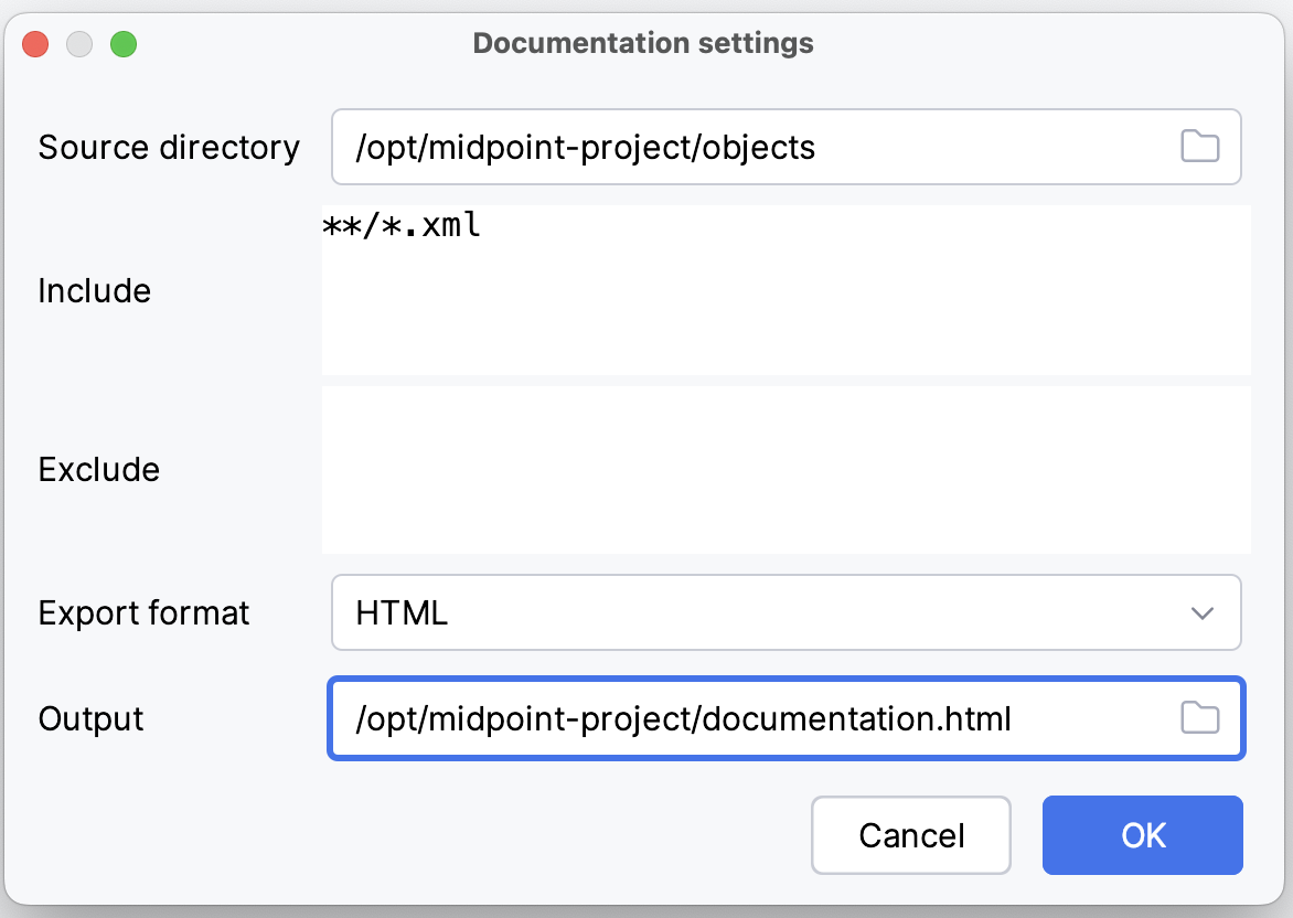 Screenshot of generate documentation dialog